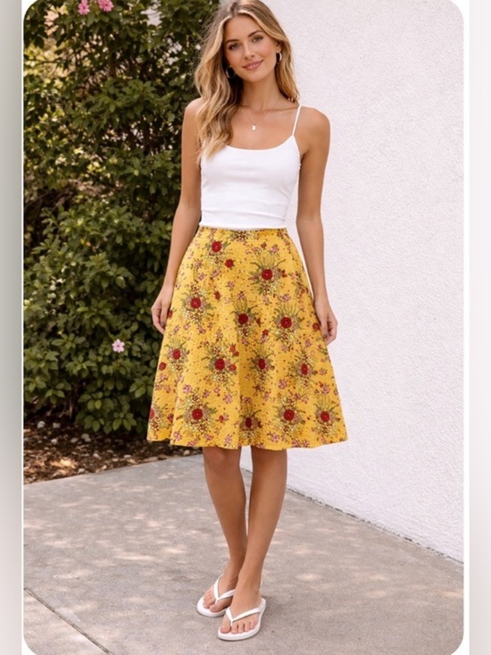 Johnny Was Dresses & Skirts - Johnny Was Yellow Embroidered Floral Midi Length Skirt Boho Cotton A-Line Size 2